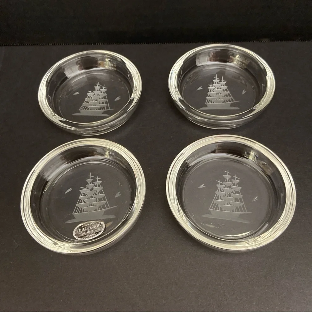 Vtg Rezler & Howell Fine Hand Cut Crystal Coasters Set‎ of 4 Schooner Nautical